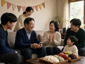가족이 모인 자리에서 휴대폰 스피커로 함께 듣기