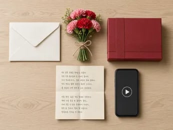 봉투, 꽃, 선물 상자, 손편지 옆에 노래 한 곡