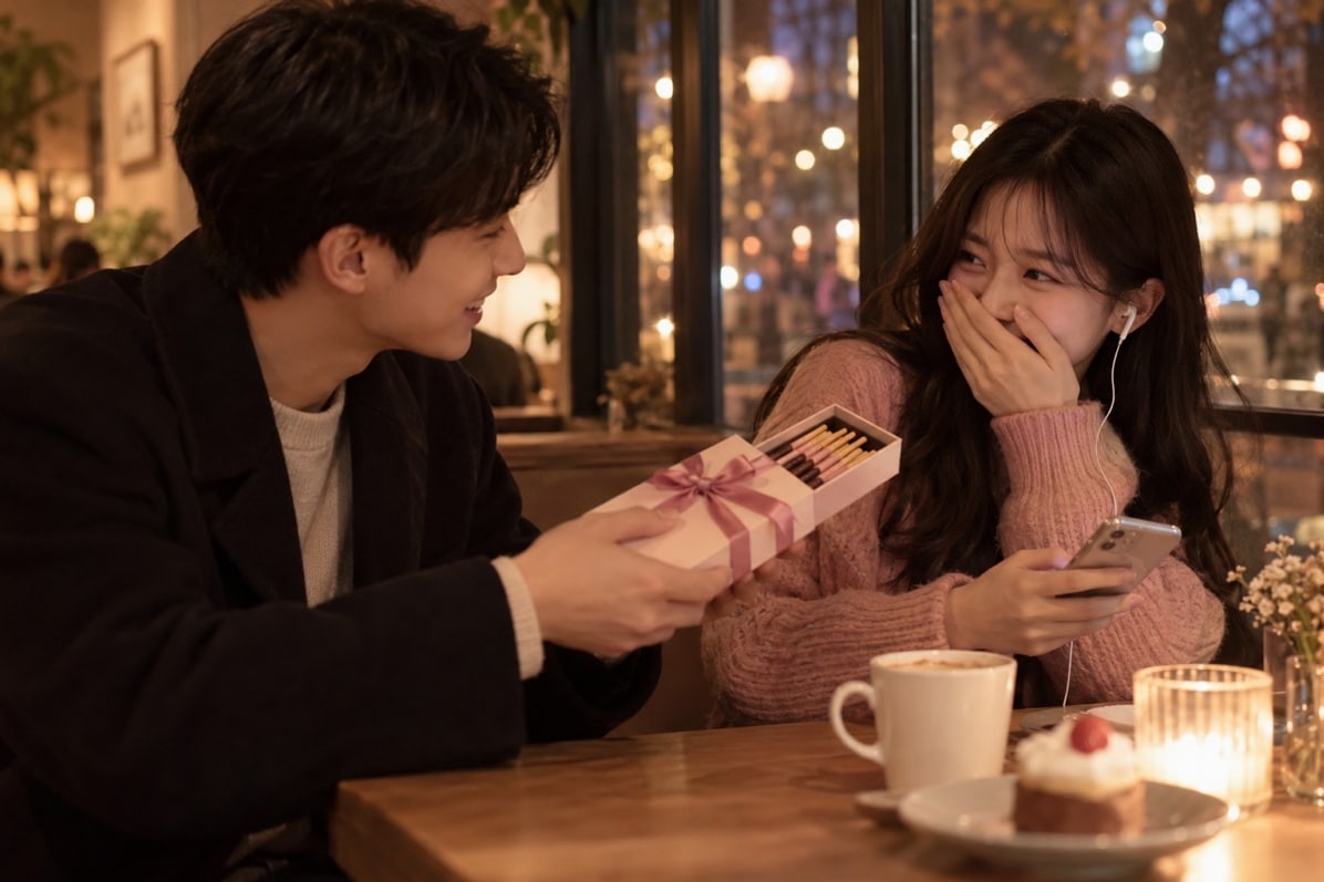 빼빼로데이에 막대과자 선물과 함께 노래를 듣는 연인